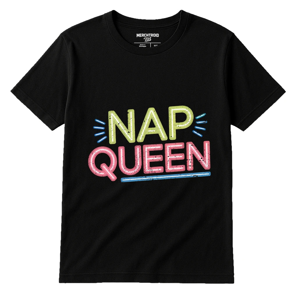 Black Relaxing T Shirt - "Nap Queen" graphic tee with tan print, flat lay product photo