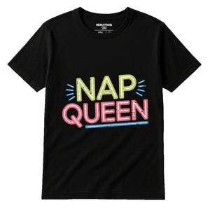 Black Relaxing T Shirt - "Nap Queen" graphic tee with tan print, flat lay product photo