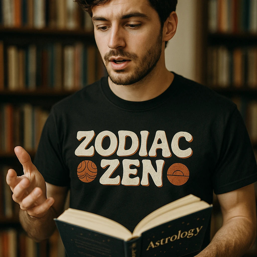"Zodiac Zen" black t shirt astrology, photographed as presents for astrology lovers