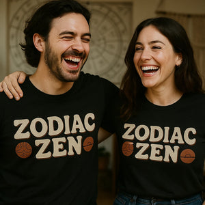 Person wearing the black t shirt astrology graphic tee - "Zodiac Zen" design