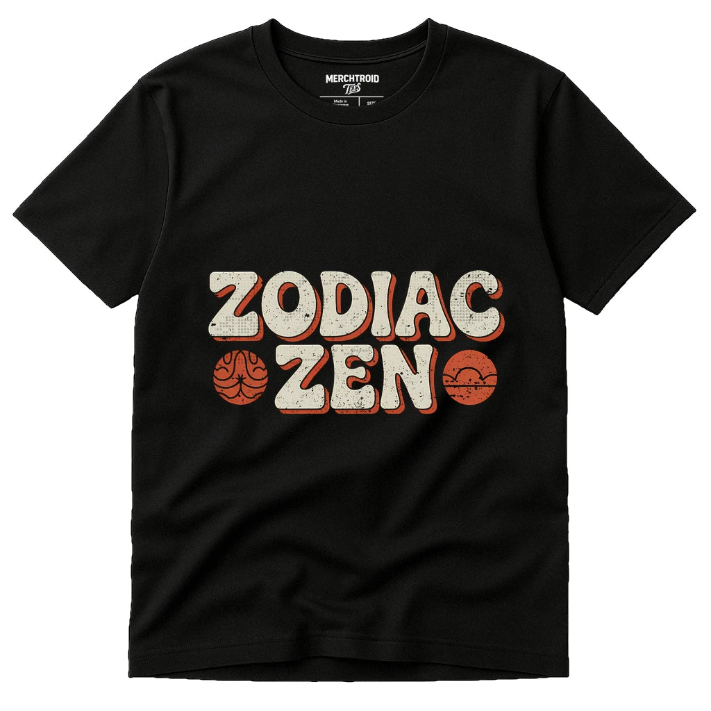 Black T Shirt Astrology - "Zodiac Zen" graphic tee with beige print, flat lay product photo