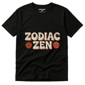 Black T Shirt Astrology - "Zodiac Zen" graphic tee with beige print, flat lay product photo