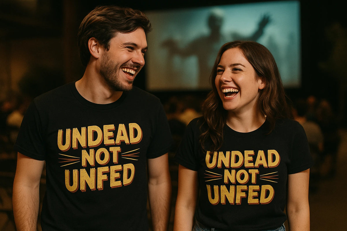 Person wearing the black zombie t shirt graphic tee - "Undead Not Unfed" design