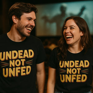 Person wearing the black zombie t shirt graphic tee - "Undead Not Unfed" design