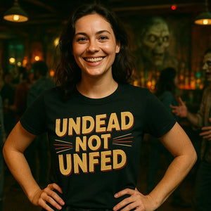 Lifestyle shot of the "Undead Not Unfed" black zombie t shirt in a real-world setting
