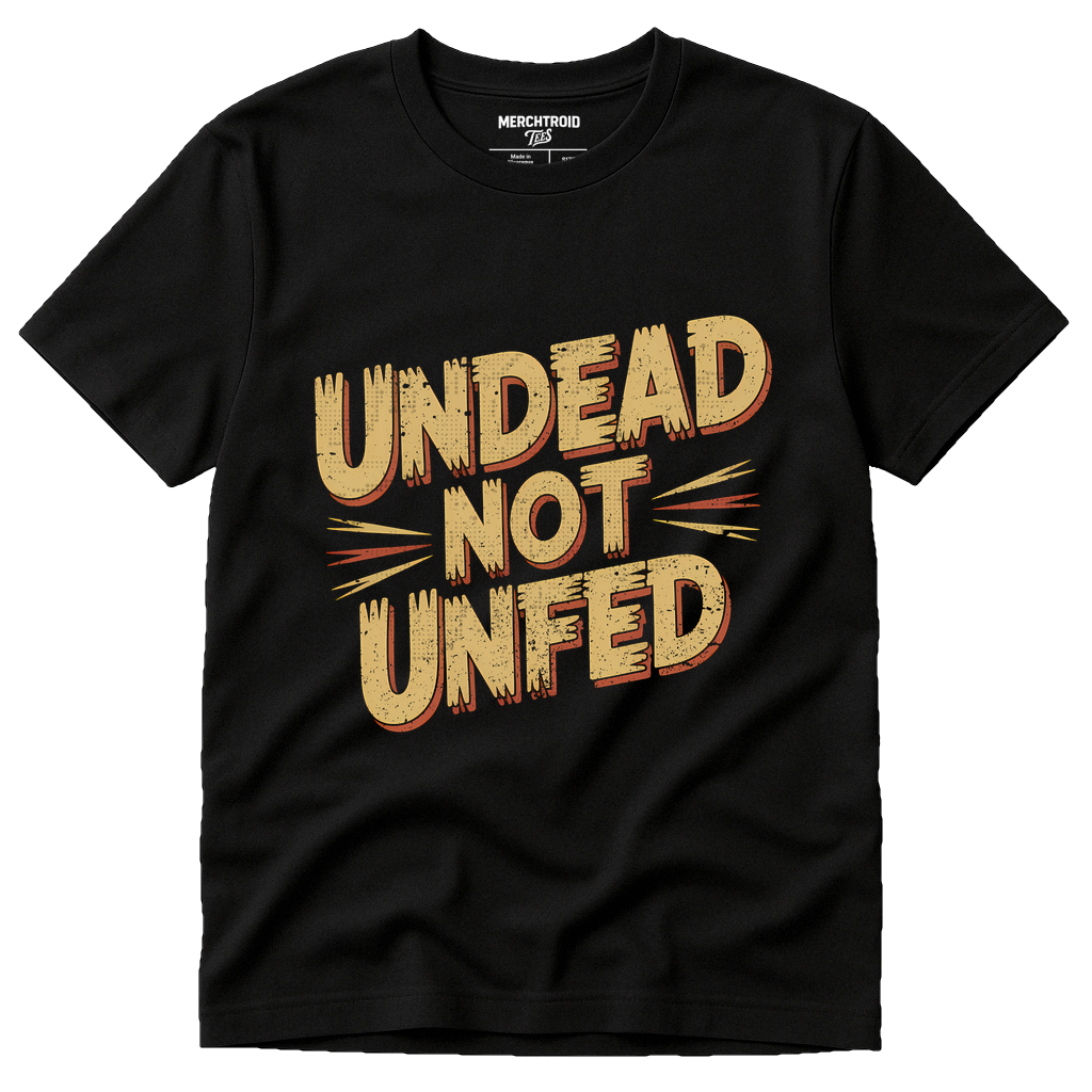 Black Zombie T Shirt - "Undead Not Unfed" graphic tee with tan print, flat lay product photo