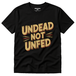 Black Zombie T Shirt - "Undead Not Unfed" graphic tee with tan print, flat lay product photo