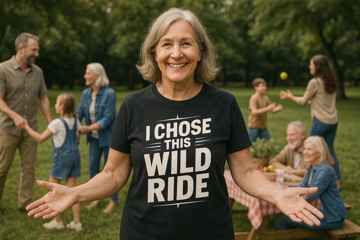 Lifestyle shot of the "I Chose This Wild Ride" black relationships shirts in a real-world setting