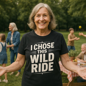 Lifestyle shot of the "I Chose This Wild Ride" black relationships shirts in a real-world setting