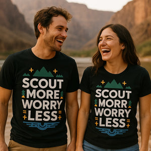 Person wearing the black rivers shirts graphic tee - "Scout More Worry Less" design