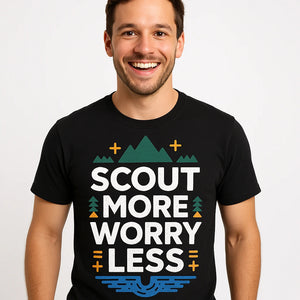 Close-up of the "Scout More Worry Less" white print on a premium Bella+Canvas black rivers shirts