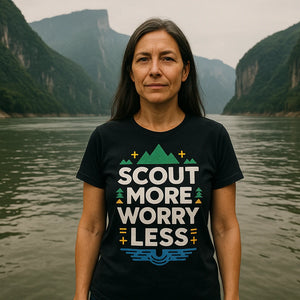 Lifestyle shot of the "Scout More Worry Less" black rivers shirts in a real-world setting