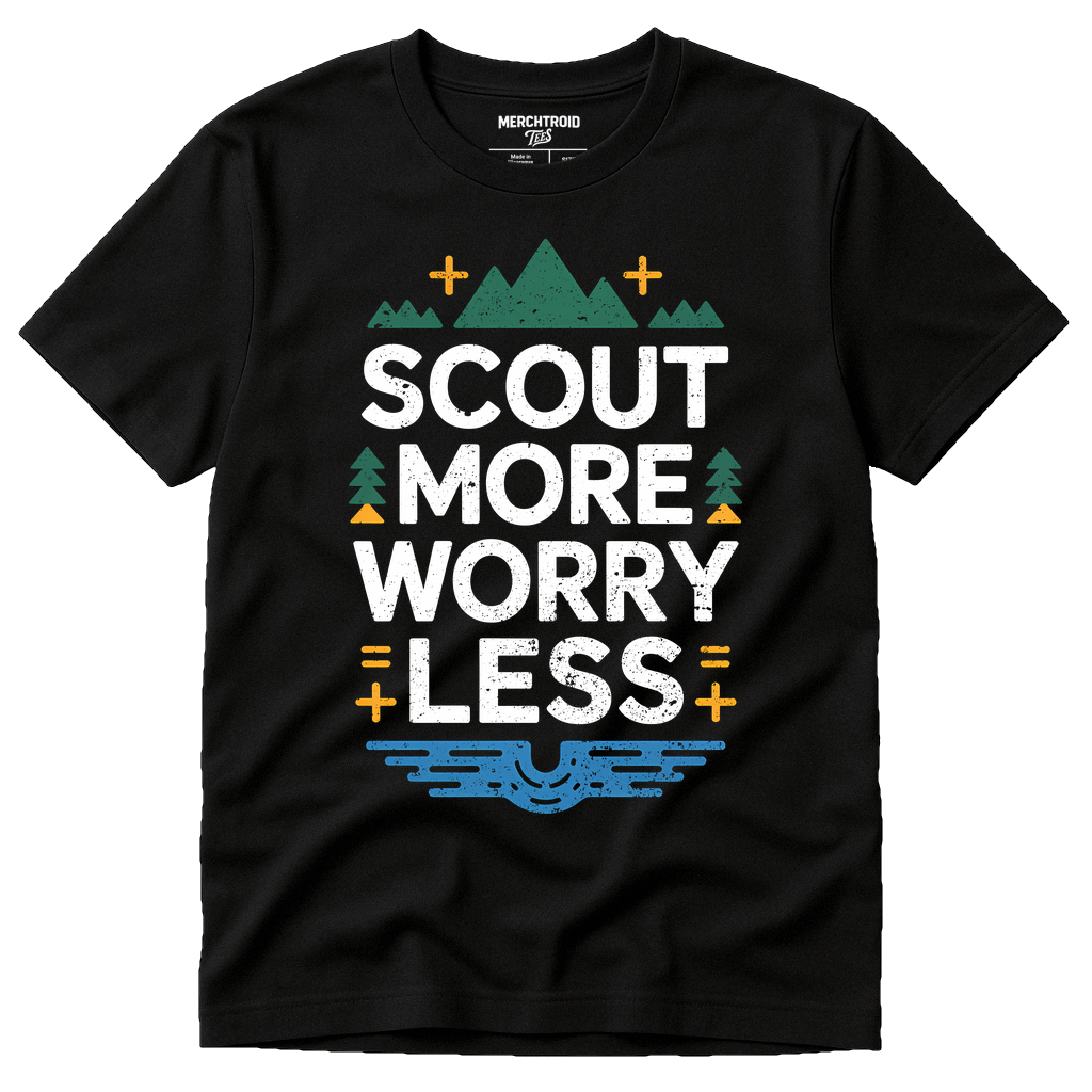 Black Rivers Shirts - "Scout More Worry Less" graphic tee with white print, flat lay product photo