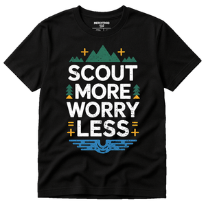 Black Rivers Shirts - "Scout More Worry Less" graphic tee with white print, flat lay product photo