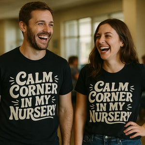 Person wearing the black new parents shirts graphic tee - "Calm Corner in My Nursery" design