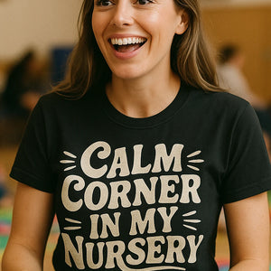 "Calm Corner in My Nursery" black new parents shirts, photographed as new parents lover gift