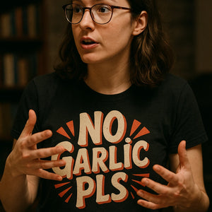 "No Garlic Pls" black vampire shirts, photographed as gifts for vampire lovers