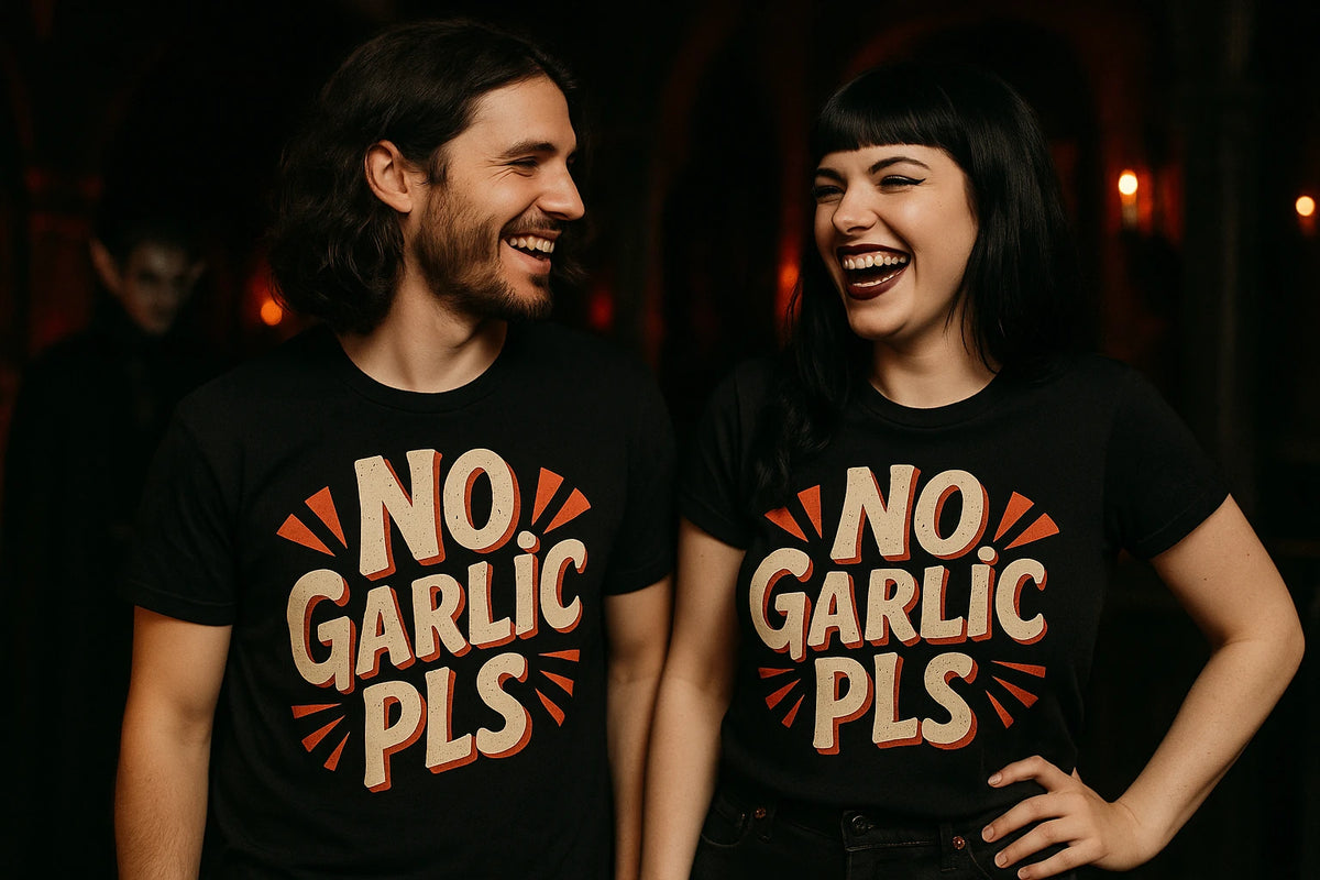 Person wearing the black vampire shirts graphic tee - "No Garlic Pls" design