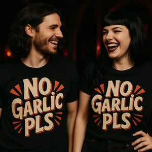 Person wearing the black vampire shirts graphic tee - "No Garlic Pls" design