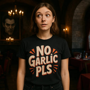 Lifestyle shot of the "No Garlic Pls" black vampire shirts in a real-world setting