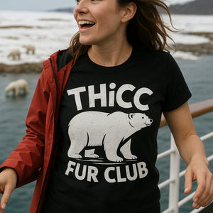 "Thicc Fur Club" black polar bear shirts, photographed as gifts for polar bear lovers