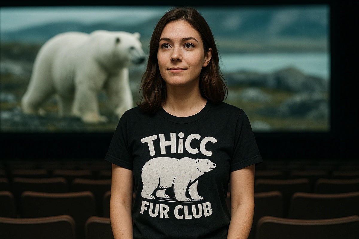 Lifestyle shot of the "Thicc Fur Club" black polar bear shirts in a real-world setting