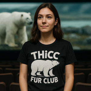 Lifestyle shot of the "Thicc Fur Club" black polar bear shirts in a real-world setting