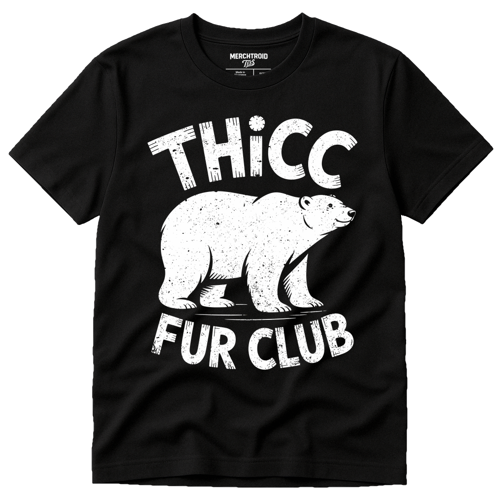 Black Polar Bear Shirts - "Thicc Fur Club" graphic tee with white print, flat lay product photo