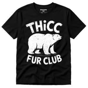 Black Polar Bear Shirts - "Thicc Fur Club" graphic tee with white print, flat lay product photo