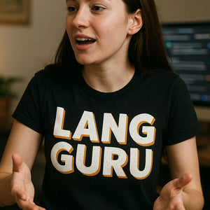 "Lang Guru" black translator t shirt, photographed as gift ideas for translators