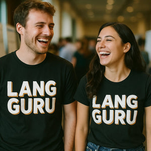 Person wearing the black translator t shirt graphic tee - "Lang Guru" design