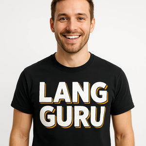 Close-up of the "Lang Guru" white print on a premium Bella+Canvas black translator t shirt