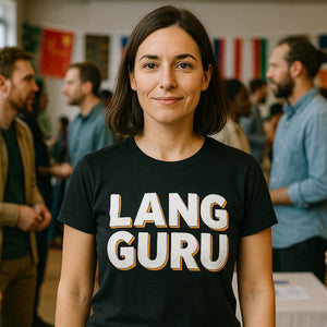 Lifestyle shot of the "Lang Guru" black translator t shirt in a real-world setting