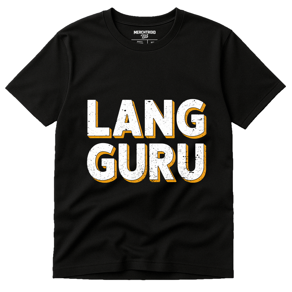 Black Translator T Shirt - "Lang Guru" graphic tee with white print, flat lay product photo