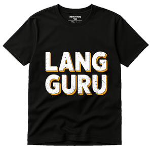 Black Translator T Shirt - "Lang Guru" graphic tee with white print, flat lay product photo