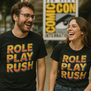 Person wearing the black cosplayers t shirt graphic tee - "Role Play Rush" design