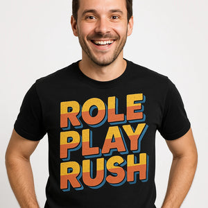 Close-up of the "Role Play Rush" orange print on a premium Bella+Canvas black cosplayers t shirt