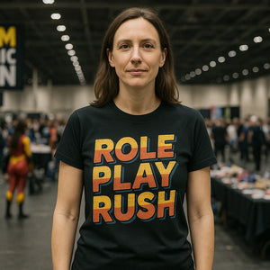 Lifestyle shot of the "Role Play Rush" black cosplayers t shirt in a real-world setting