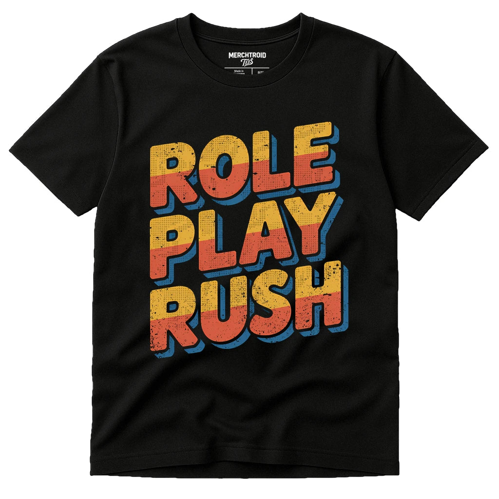 Black Cosplayers T Shirt - "Role Play Rush" graphic tee with orange print, flat lay product photo