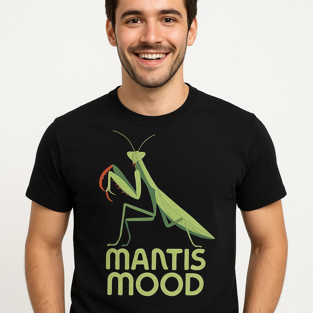 Close-up of the "Mantis Mood" tan print on a premium Bella+Canvas black mantis shirts