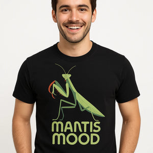 Close-up of the "Mantis Mood" tan print on a premium Bella+Canvas black mantis shirts