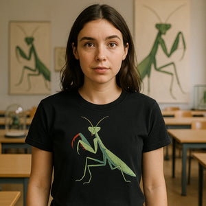 Lifestyle shot of the "Mantis Mood" black mantis shirts in a real-world setting