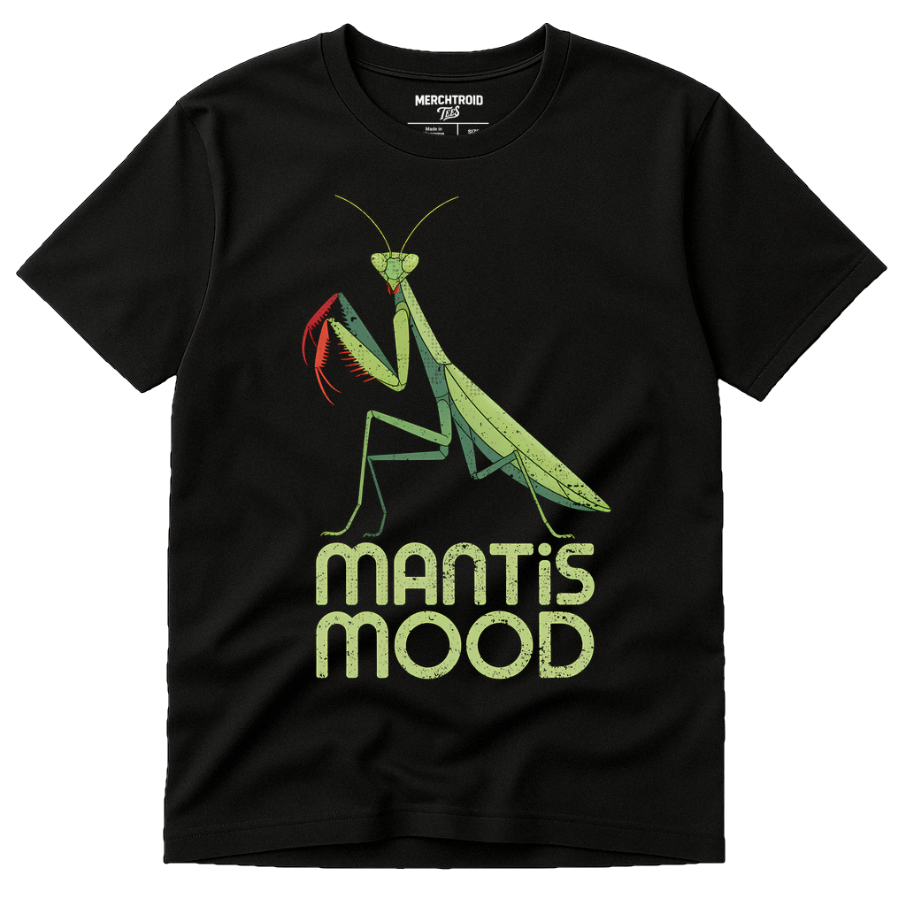 Black Mantis Shirts - "Mantis Mood" graphic tee with tan print, flat lay product photo