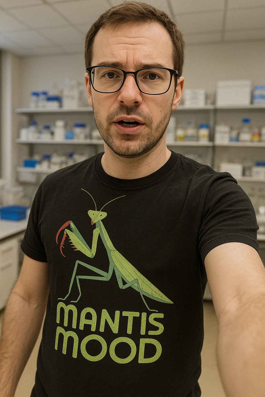 "Mantis Mood" black mantis shirts, photographed as praying mantis lover gift