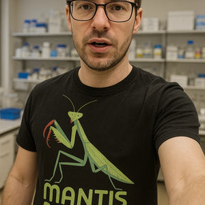 "Mantis Mood" black mantis shirts, photographed as praying mantis lover gift