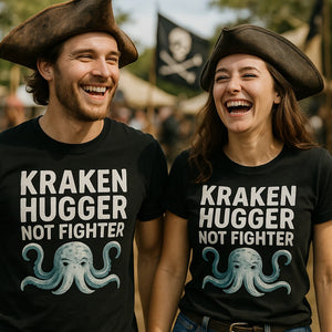 Person wearing the black pirate shirts graphic tee - "Kraken Hugger Not Fighter" design
