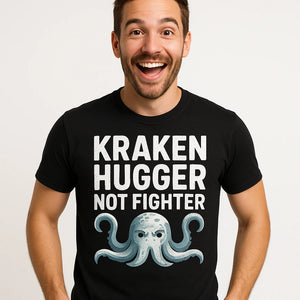 Close-up of the "Kraken Hugger Not Fighter" white print on a premium Bella+Canvas black pirate shirts