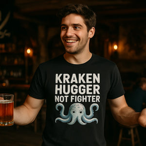 Lifestyle shot of the "Kraken Hugger Not Fighter" black pirate shirts in a real-world setting