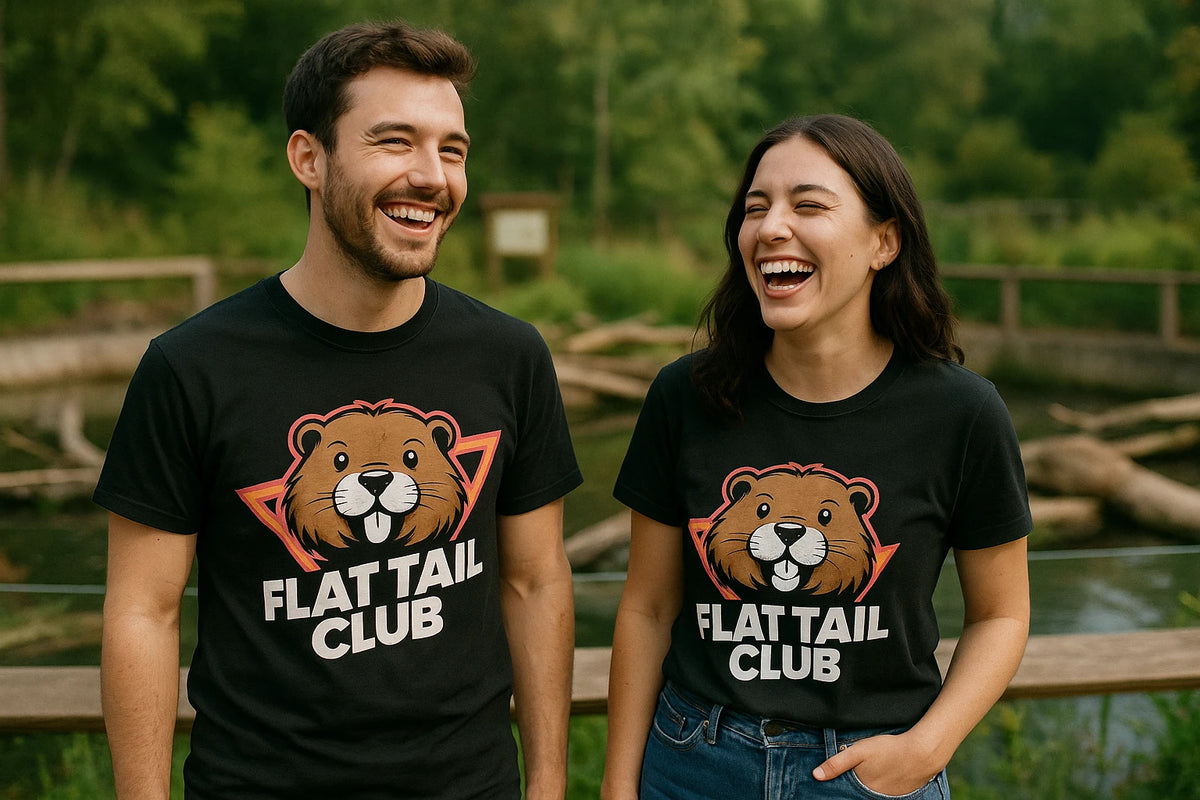 Person wearing the black beavers shirts graphic tee - "Flat Tail Club" design