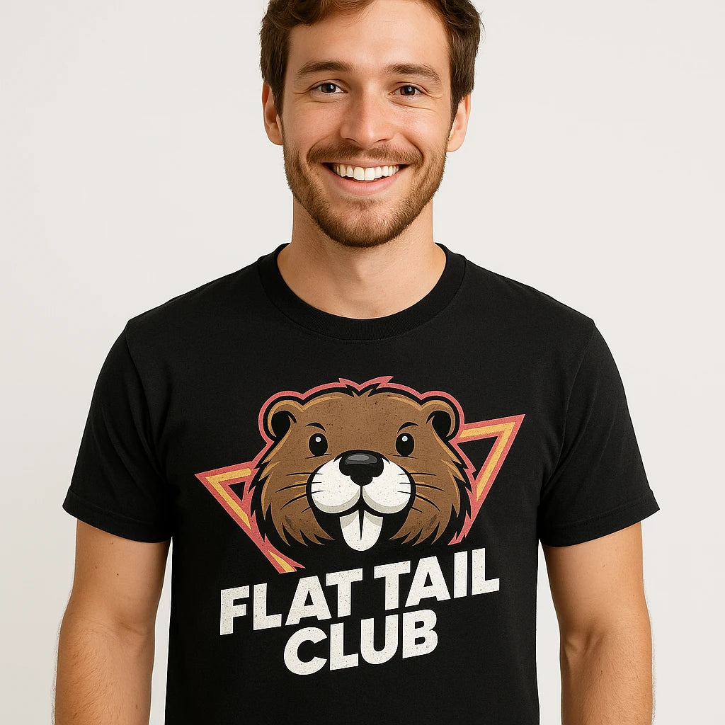 Close-up of the "Flat Tail Club" gold print on a premium Bella+Canvas black beavers shirts